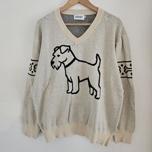 Oxknit Sweater Extra Large V Neck Schnauzer Dog Bone Design Beige